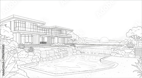 Modern house with a swimming pool and cascading waterfalls at sunset