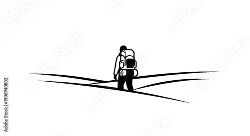 Lone backpacker stands at a crossroads in a minimalist landscape