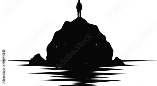 Lone figure atop a jagged rock formation reflected in water