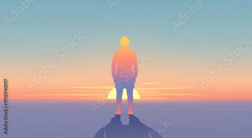 Lone figure silhouetted against a vibrant pixelated sunset over a tranquil landscape