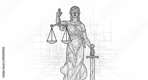 Low-poly Lady Justice statue with scales and sword against a tech background