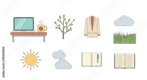 Cozy Workspace & Seasonal Icons: Laptop, Coffee, Tree, Jacket, Sun, Clouds, Grass, Notebook