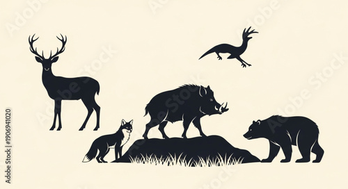 Collection of Wild Animal Silhouettes in Black and White.