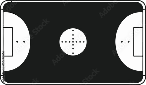 Minimalist depiction of a sports field with goal areas and center circle