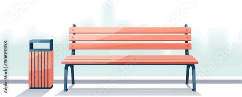Minimalist illustration of an empty park bench and trash bin with soft background shapes