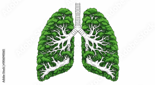 Lungs shaped like trees with green foliage and white branches