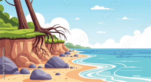 Lush cliffside meets sandy beach with ocean waves and distant hills