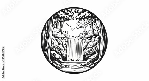 Lush forest scene with a cascading waterfall and rocky outcrops within a circle