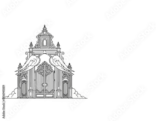 Ornate gate with detailed carvings and ornate top, like a fairytale entrance