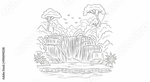 Lush jungle waterfall cascading into a serene pool, surrounded by trees