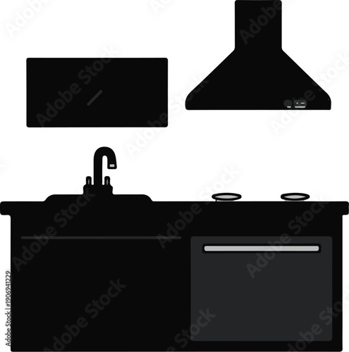 Modern kitchen unit with sink, hob, oven, and extractor