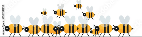 A group of bees marching in a line on a white background, viewed from the side