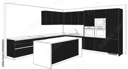 Modern kitchen with dark cabinets, island, and appliances