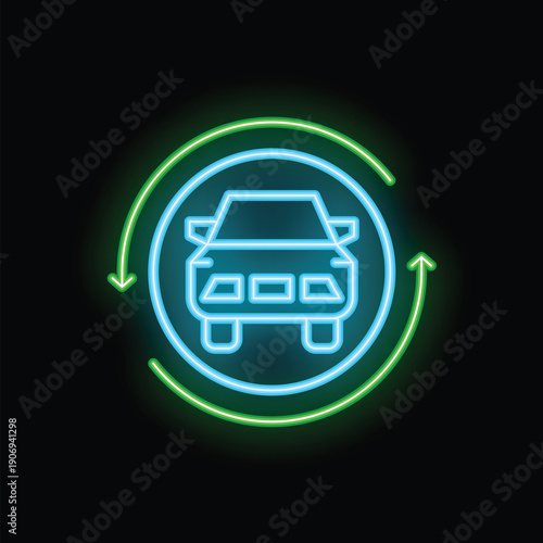 Blue neon car sign with green arrows going around it on a black background