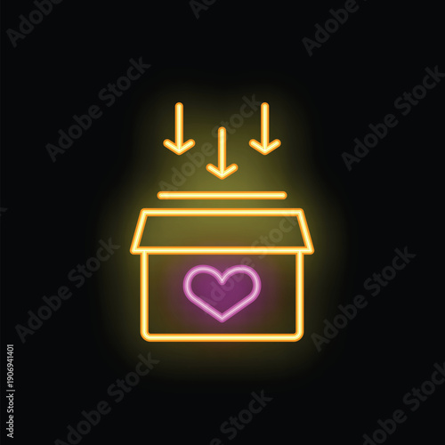 Neon sign of a donation box with a heart on it and three arrows pointing down representing donating love
