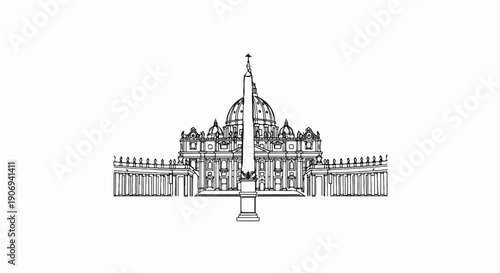 Majestic cathedral facade with a grand central obelisk and colonnade