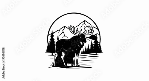 Majestic moose stands tall amidst a mountain and pine tree landscape