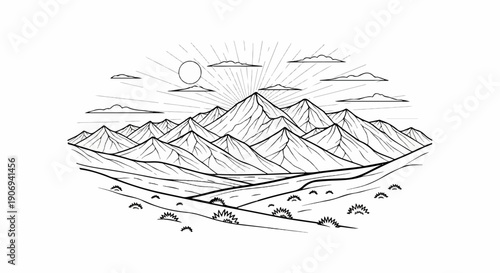 Majestic mountain range with sunburst and clouds, foreground with rolling hills