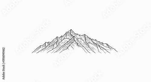 Majestic mountain range rendered in a stark, detailed black and white line art style