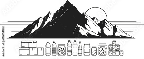 Majestic mountains behind boxes, bottles, jars, and cans