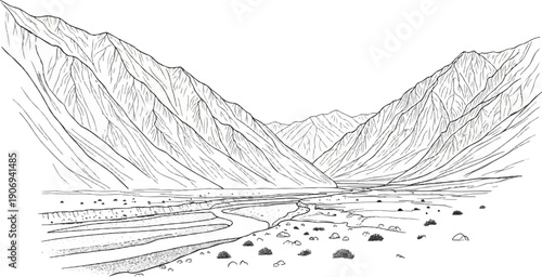 Majestic mountain valley carved by a meandering river and scattered scrub
