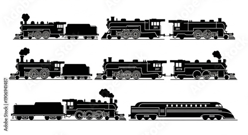 Collection of vintage steam locomotive silhouettes.