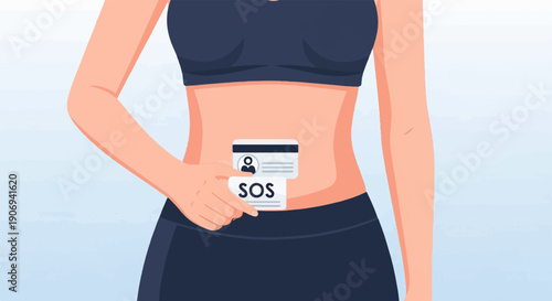 Person in athletic wear holding SOS and ID cards near abdomen