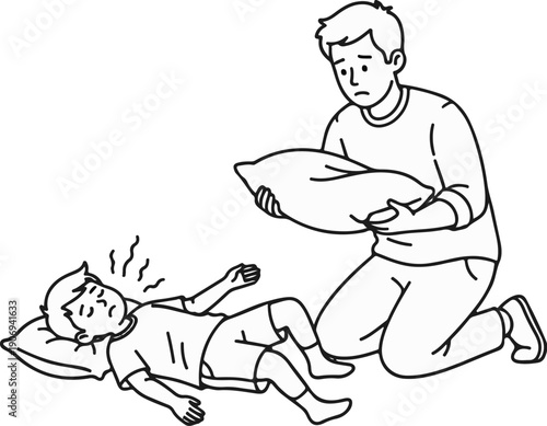 Man concerned as child lies unwell on pillow, offering another