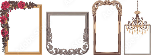 Set of vintage ornate picture frames with floral rose details and elegant chandelier illustration for wedding invitations and luxury home decor