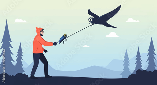 Man flying a kite with a bug and bird in a stylized landscape