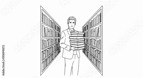 Man in a suit holding a stack of books between library shelves