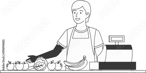 Man in apron serving fruit and vegetables with a cash register