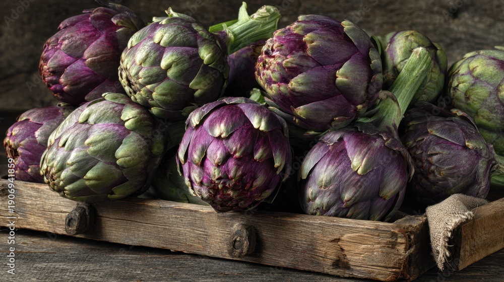 Obraz premium Rustic wooden crate filled with purple artichokes on dark background.