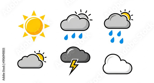 Collection of weather icons showing sun rain and storm.