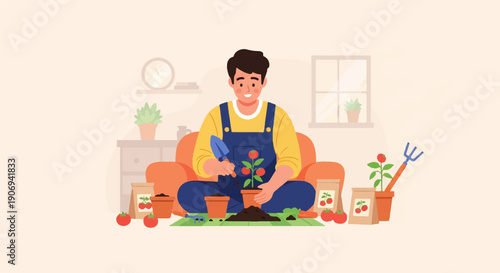 Man indoors planting tomato plant with gardening tools, pots, and seeds