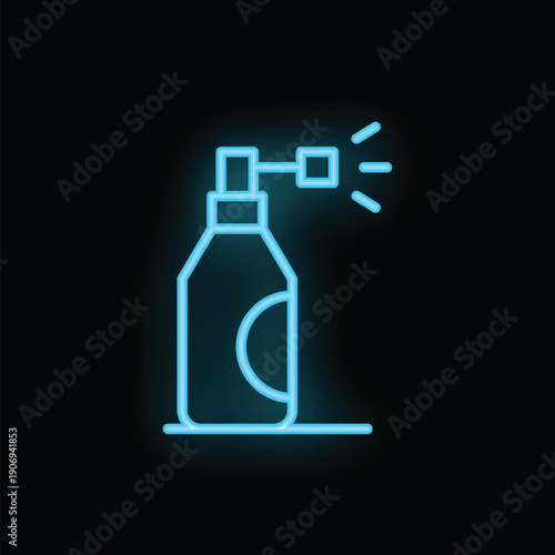 Neon spray bottle icon is glowing against a black background