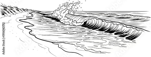 Ocean wave crashes on sandy beach with dunes