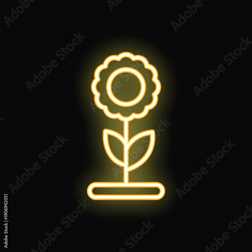 Neon icon of a flower with big petals growing from the ground