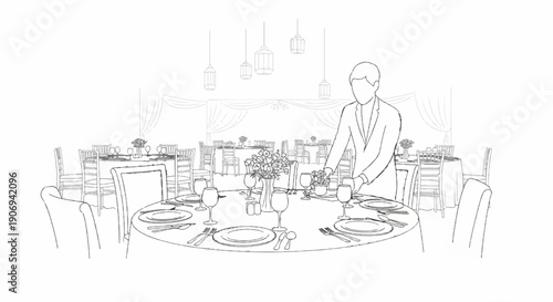 Person setting a formal dining table with flowers and place settings