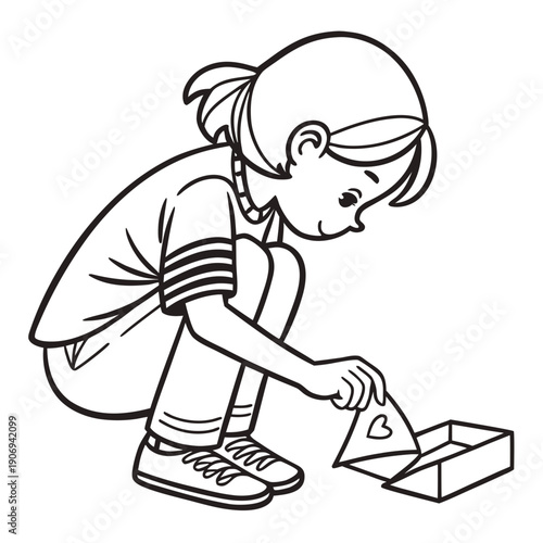 Young girl crouching and placing a card in a box  