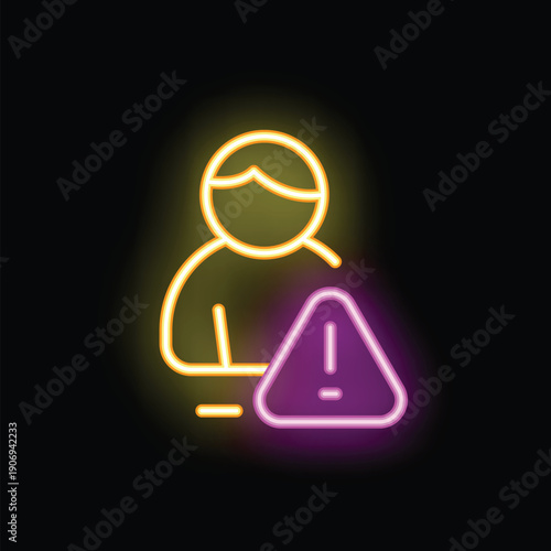 Neon style icon of a person with an alert or warning sign
