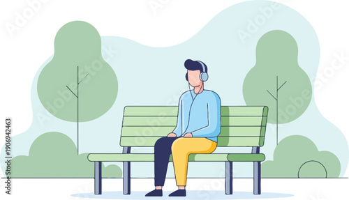 Person sitting on park bench wearing headphones and listening to music