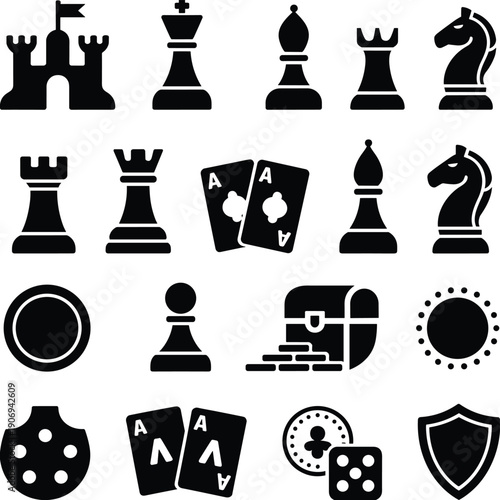 Chess Pieces and Casino Game Icons Silhouettes Collection Featuring Rook Knight Cards Dice Shield and Treasure Symbols Isolated on White Background