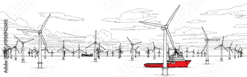 Offshore wind farm with turbines and a red support vessel