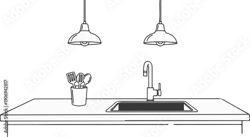 Minimalist kitchen counter with sink, faucet, and utensils under lamps