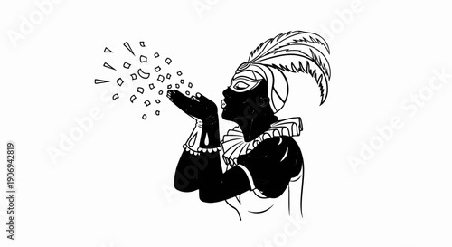 Person in festive costume blows confetti with mask and feather