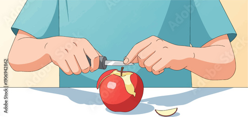 Person in blue shirt peeling a red apple with a knife