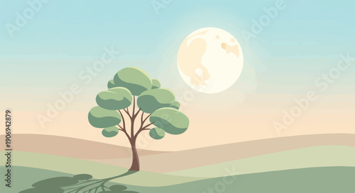 Minimalist landscape with a single tree under a pale moonlit sky