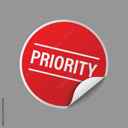 red sticker with priority text and realistic paper peel for urgent tasks and high importance projects