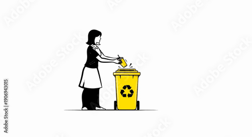 Person tosses a drink cup into a bright yellow recycling bin